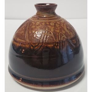 Whynot Pottery Studio Bud Vase Stamped Art Brown, Rust Glazed Textured Whynot NC